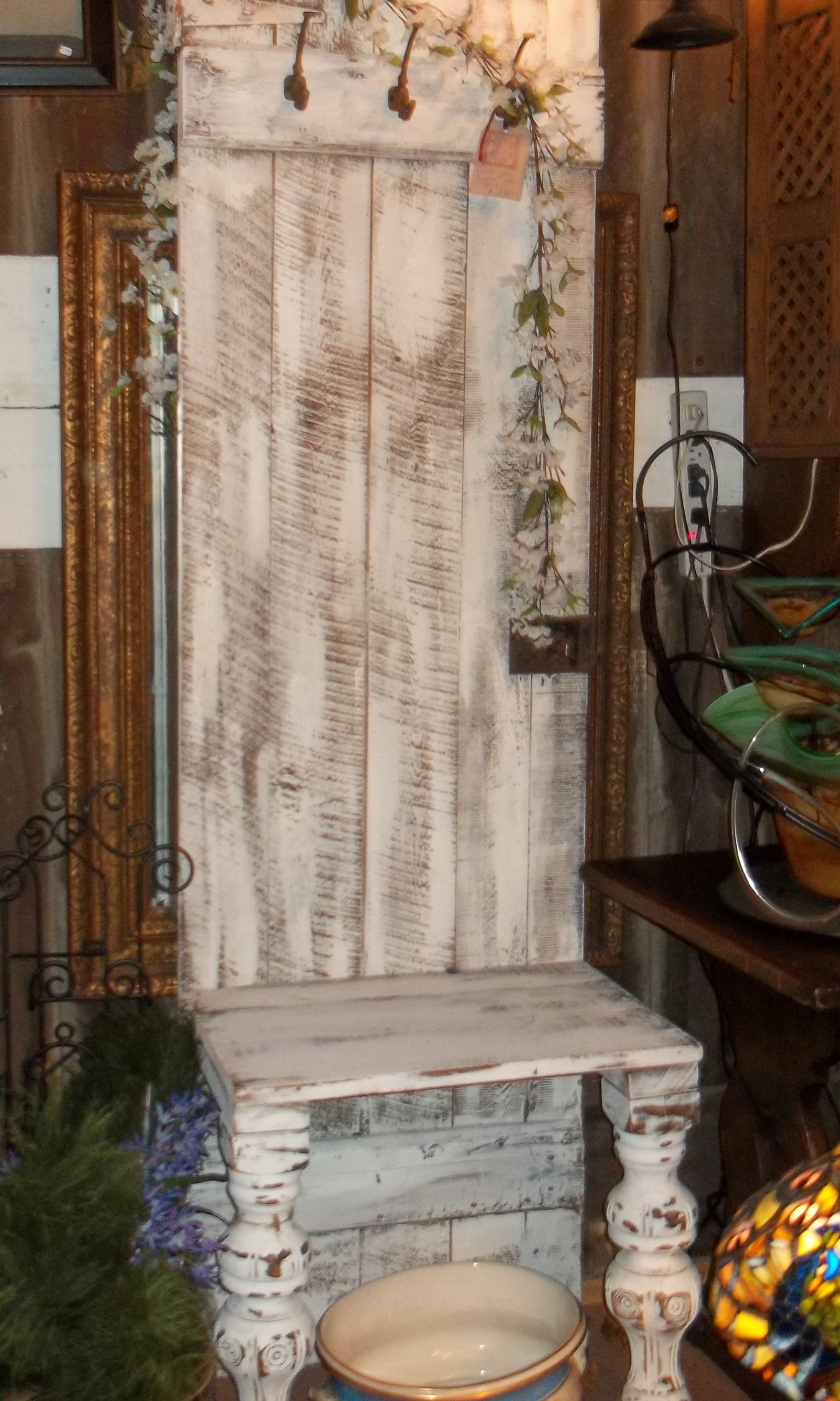 PRIMITIVE SHABBY CHIC HALL TABLE Stand Hooks Ornate Legs Distressed White